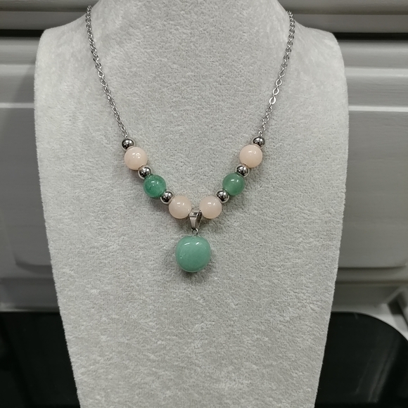 Aventurine Necklace Natural Gemstone Pendant Beads Stainless-Steel Green & Peach - Picture 16 of 17